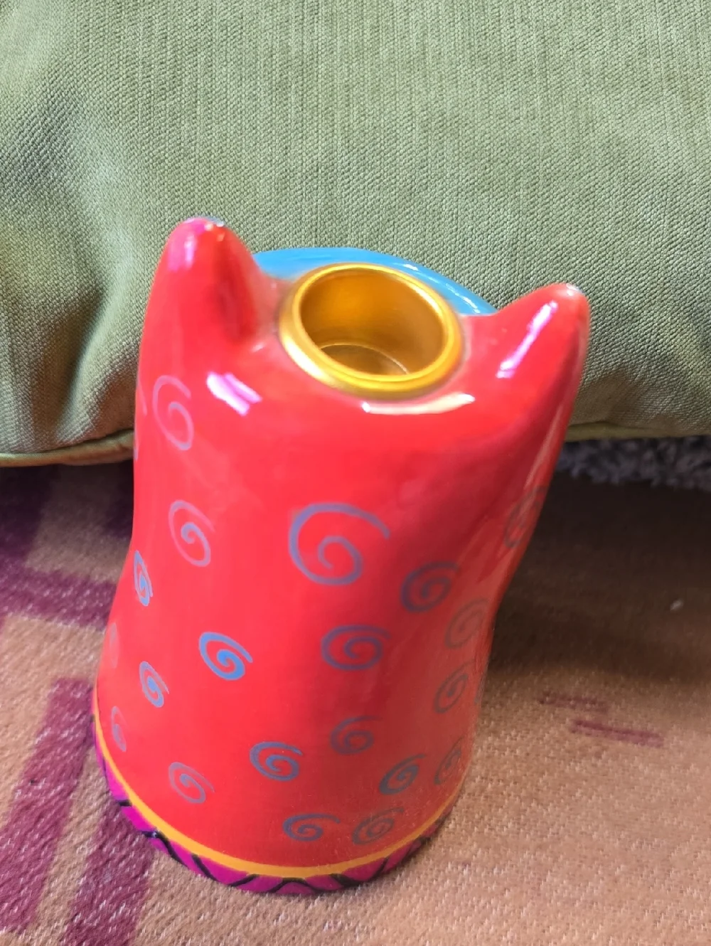 Laurel Burch Signed Colorful Cat Candle Holder Ceramic Ganz